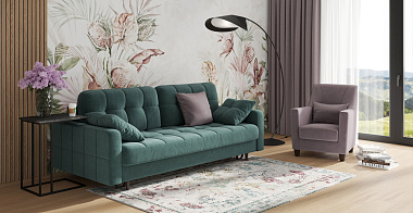 Зеленый диван в интерьере гостиной